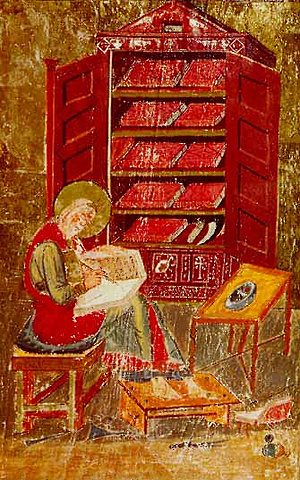 Das Armarium: die frühmittelalterliche Bibliothek als Bücherschrank (hier: Cassiodorus im Vivarium, in: Codex Amiatinus (Anonym [Public domain], via Wikimedia Commons)
